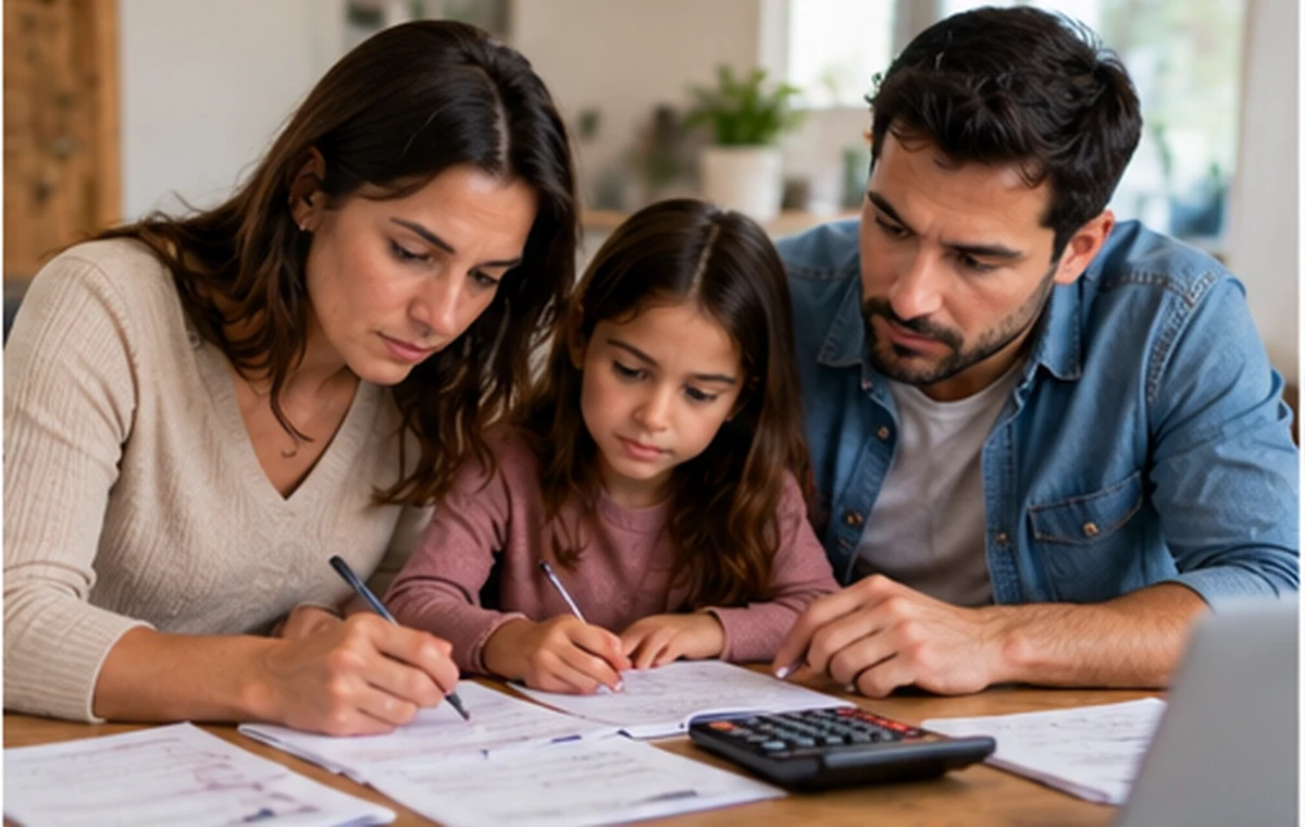 Mãos a contar moedas e notas ao lado de um caderno de contas domésticas