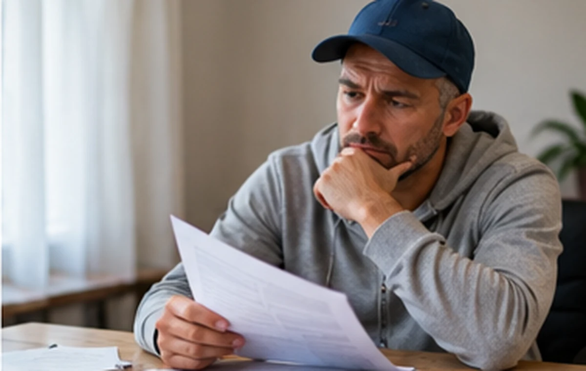 Pessoa a analisar extratos e despesas mensais numa mesa de cozinha com calculadora